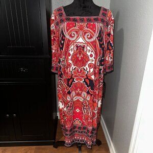 Avenue Dress Size 24 Red Multicolor Paisley Print Midi 1/2 Sleeve Boho Retro